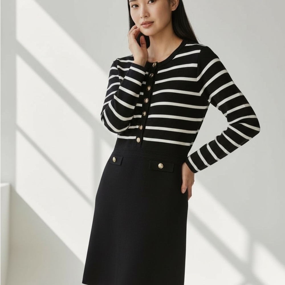 Merokeety Black and White Striped Women's sweater dress- like New!